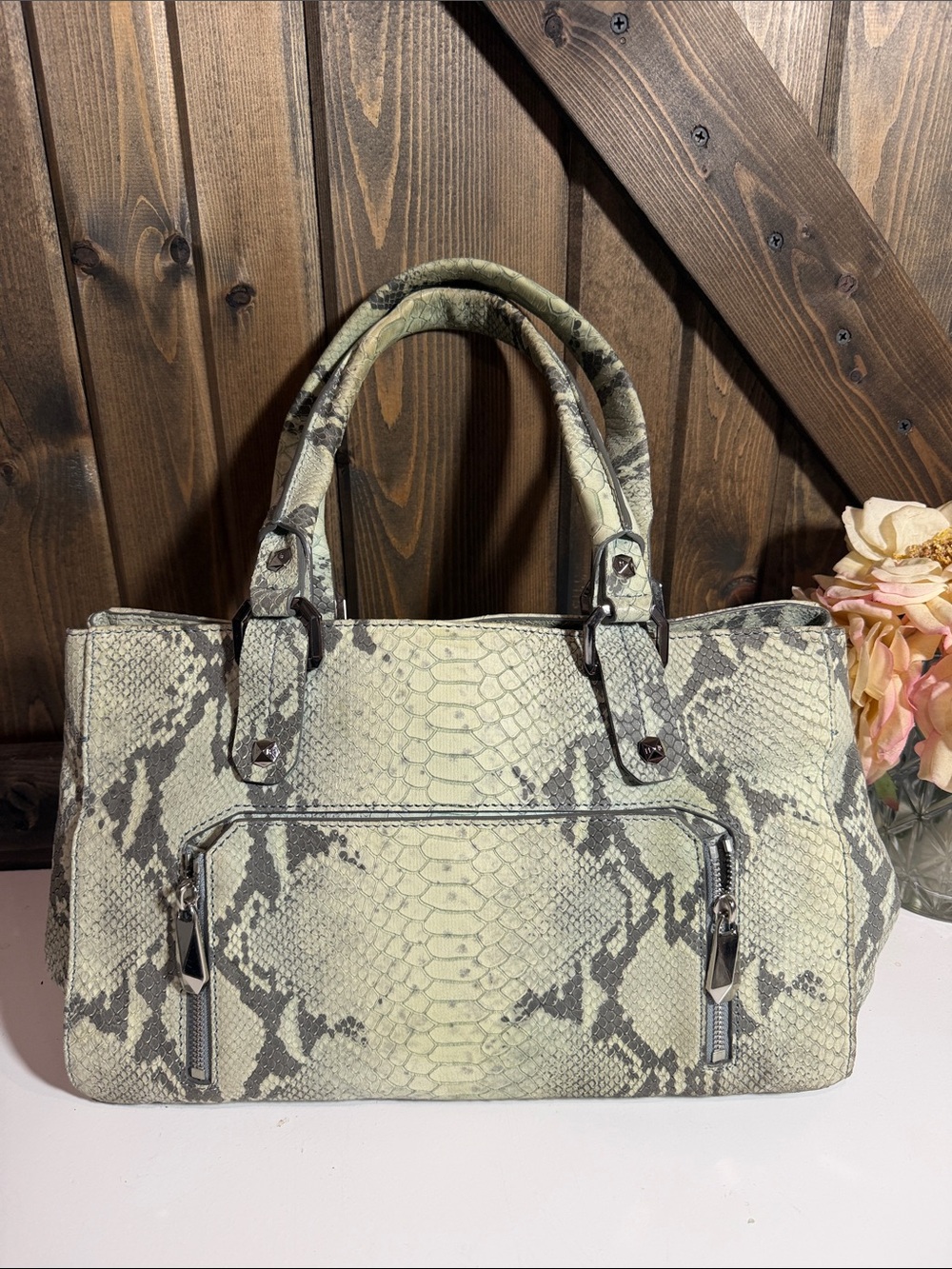 Henry Bendel python embossed leather satchel